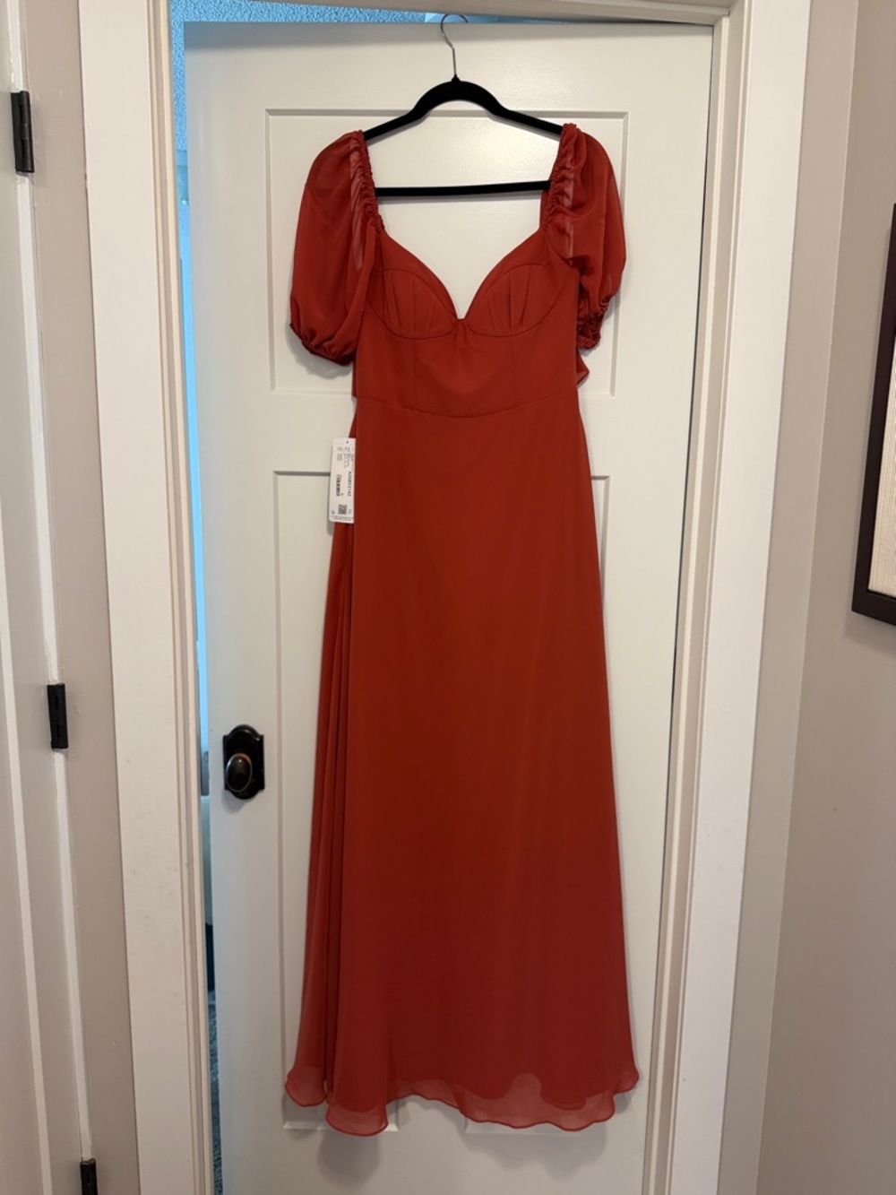 NWT Barbie Azazie Chiffon A-line dress with puff sleeves, Sz 8, Terracotta